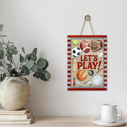 Let's Play Sports Front Door Sign, Vintage Football Baseball Basketball Volleyball Golf Billiard Tennis Wood Plaque Hanger, School Gym Wooden Wreath Wall Hanging Decor Sport Lover Player Gift in Saudi Arabia