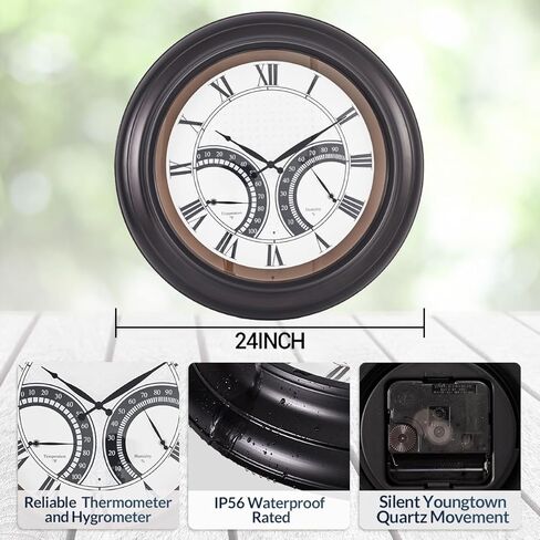 ANDY STAR 24 Inch Outdoor Clocks Waterproof,Large Outdoor Wall Clocks for Patio with Thermometer, Weatherproof Illuminated Clock Battery Operated with Thermometer&Hygrometer,Oil Rubbed Bronze Black in Saudi Arabia