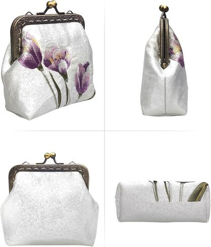 Embroidery Retro Buckle Coin Purse Kiss Lock Wallet(pink sakura) in Kuwait