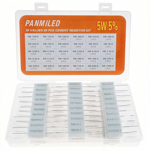PANMILED 30 Values 60 Pieces Cement Resistor KIT 5W ±5% Ceramic Power Resistors 5 Watt (0.01 Ohm - 100 Ohm) in Saudi Arabia