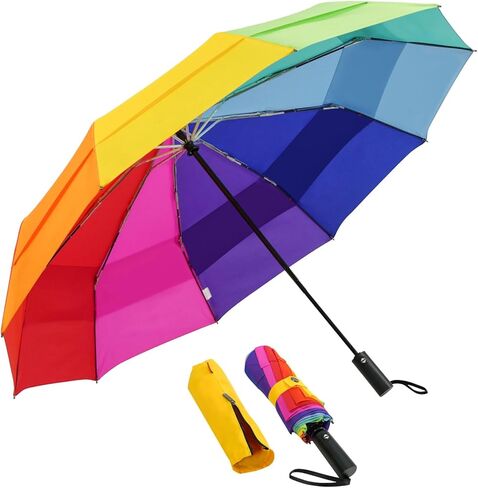 Lejorain Large Golf Umbrella Windproof - Oversized 54inch Double Layer Rainbow 10Ribs Folding Travel Umbrella Compact Auto Open Close for Rain Women/Men in Kuwait