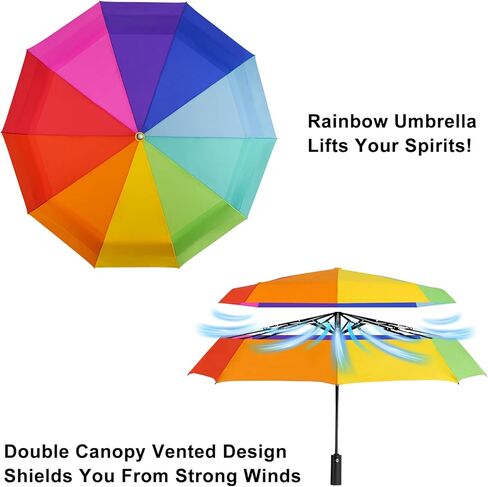 Lejorain Large Golf Umbrella Windproof - Oversized 54inch Double Layer Rainbow 10Ribs Folding Travel Umbrella Compact Auto Open Close for Rain Women/Men in Kuwait