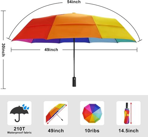 Lejorain Large Golf Umbrella Windproof - Oversized 54inch Double Layer Rainbow 10Ribs Folding Travel Umbrella Compact Auto Open Close for Rain Women/Men in Kuwait