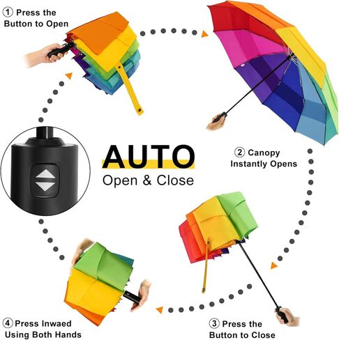 Lejorain Large Golf Umbrella Windproof - Oversized 54inch Double Layer Rainbow 10Ribs Folding Travel Umbrella Compact Auto Open Close for Rain Women/Men in Kuwait
