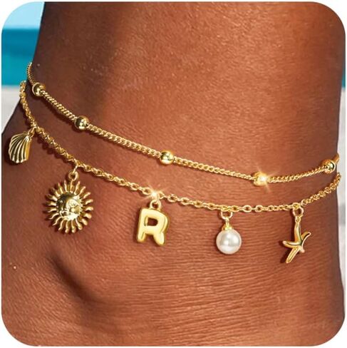 Ankle Bracelets for Women - Gold Initial Anklets for Women Waterproof Handmade Layered Gold Beach Seashell Starfish Sun Pearl Boho Anklets Summer Beach Jewelry Summer Gifts for Women in Kuwait