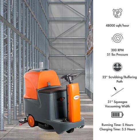 SUNMAX 22" Ride-On Floor Scrubber Machine, 18.5 Gal Tanks, 48,000 Sq.Ft/H Efficiency, 3.5H Fast-Charging Lithium Battery – Commercial & Industrial Floor Cleaning Machine in Kuwait