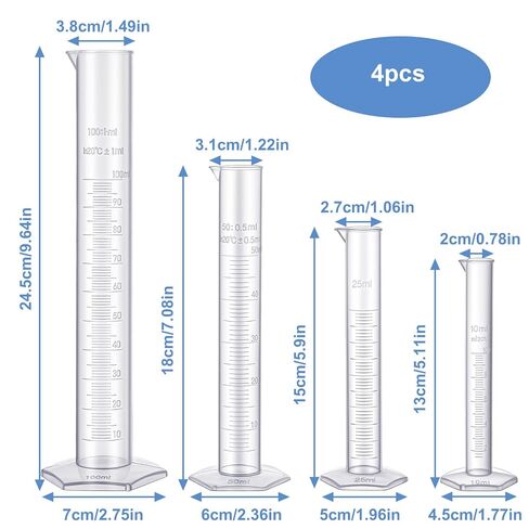 Plastic Graduated Measuring Cylinder Set with Hexagonal Base, 4 Sizes 100ml 50ml 25ml 10ml Plastic Lab Cylinders Transparent Laboratory Test Tubes for Science Experiments in Saudi Arabia