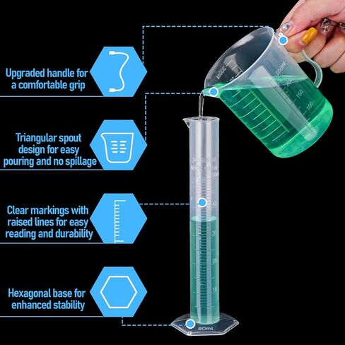 28 Pcs Plastic Graduated Cylinders and Beakers, Including 3 Graduated Cylinder 5 Plastic Beakers 3 Erlenmeyer Flask 10 Droppers 6 Plastics Test Tubes with Rack, Ideal for DIY Science in Saudi Arabia