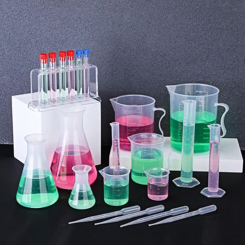 28 Pcs Plastic Graduated Cylinders and Beakers, Including 3 Graduated Cylinder 5 Plastic Beakers 3 Erlenmeyer Flask 10 Droppers 6 Plastics Test Tubes with Rack, Ideal for DIY Science in Saudi Arabia