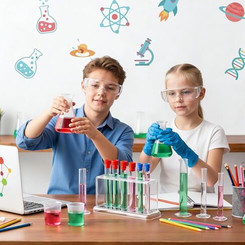 28 Pcs Plastic Graduated Cylinders and Beakers, Including 3 Graduated Cylinder 5 Plastic Beakers 3 Erlenmeyer Flask 10 Droppers 6 Plastics Test Tubes with Rack, Ideal for DIY Science in Saudi Arabia