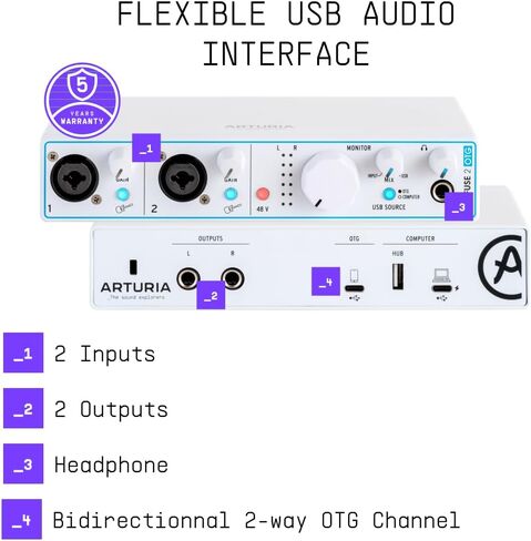 Arturia - MiniFuse 2 OTG - واجهة الصوت وMIDI مع برامج إبداعية للتسجيل والإنتاج والبث الصوتي والجيتار وUSBC/USBA - أبيض in Saudi Arabia
