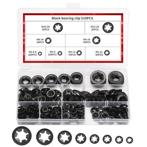 مجموعة متنوعة من 510 قطعة من غسالات قفل النجوم الداخلية، غسالات قفل النجوم بالضغط على النجوم، غسالة معدنية سريعة التثبيت، M2.5 M3 M4 M5 M6 M8 M10 M12 (أسود) in Kuwait