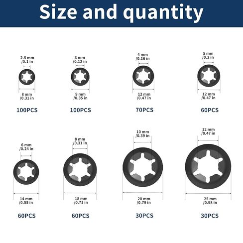 مجموعة متنوعة من 510 قطعة من غسالات قفل النجوم الداخلية، غسالات قفل النجوم بالضغط على النجوم، غسالة معدنية سريعة التثبيت، M2.5 M3 M4 M5 M6 M8 M10 M12 (أسود) in Kuwait