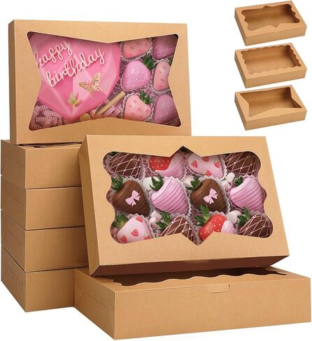 TOMNK 60pcs Bakery Boxes, 12x8x2.5 Inches 3 Style Cookie Boxes, Treat Boxes with Window for Candies, Chocolate Strawberries, Cakes, Muffins, Donuts in Kuwait