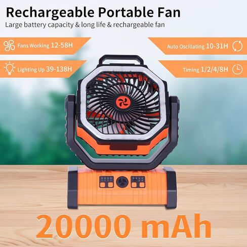 مروحة تعمل ببطارية الطوارئ 20000 مللي أمبير في الساعة وإضاءة LED، مروحة قابلة لإعادة الشحن تعمل بالبطارية لانقطاع الطاقة، وإزالة الجليد في السيارة، والاستخدام الداخلي مع تأرجح وخطاف 360 درجة، ومؤقت 8 ساعات، ومروحة تخييم محمولة in Kuwait