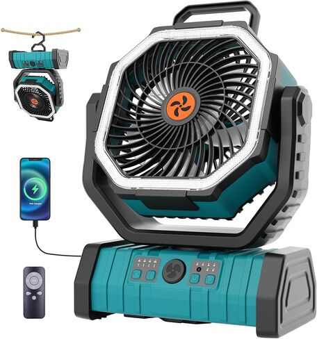 20000mAh Emergency Battery Powered Fan & LED Light, Battery Operated Rechargeable Fan for Power Outage, Car Defrosting, Indoor Use with 360° Oscillating & Hook, 8H Timer, Portable Camping Fan in Saudi Arabia