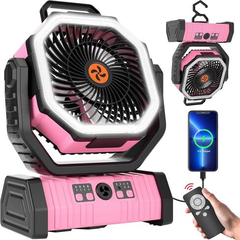 20000mAh Emergency Battery Powered Fan & LED Light, Battery Operated Rechargeable Fan for Power Outage, Car Defrosting, Indoor Use with 360° Oscillating & Hook, 8H Timer, Portable Camping Fan in Saudi Arabia