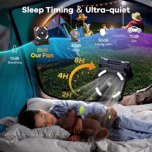 15000mAh Solar Powered Camping Fan,Portable Rechargeable Battery Powered Travel Fan with LED Lantern,Beach Essentials for Hurricane Emergencies, Hiking,Worksite Cooling (Black) in Kuwait