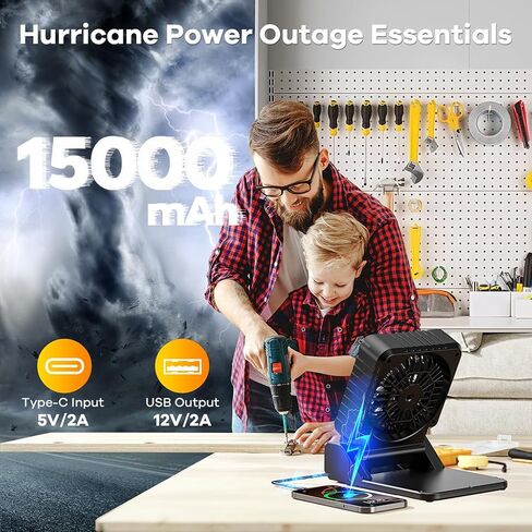 15000mAh Solar Powered Camping Fan,Portable Rechargeable Battery Powered Travel Fan with LED Lantern,Beach Essentials for Hurricane Emergencies, Hiking,Worksite Cooling (Black) in Kuwait