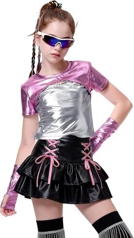 LOLANTA Girls Metallic Shirts with Arm Sleeves Slim Fit Stretchy Shiny Fake Two Piece Hip Hop Dance Top Festivals Party in Saudi Arabia