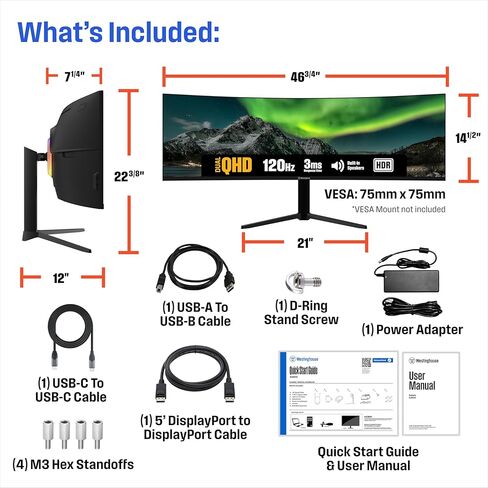 Westinghouse 49 Inch Curved Ultrawide Gaming Monitor, 144Hz, AMD FreeSync Support, Low Motion Blur, R1800 Curve, 3840x1080, for PC Games with Built in Speakers, 2X DisplayPort, 2X HDMI in Kuwait