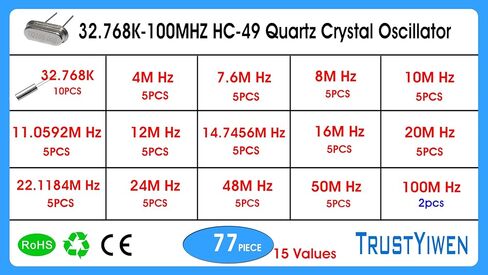 15 قيمة 77 قطعة مذبذب كريستال كوارتز HC-49 32.768K 4 ميجا هرتز، 7.6 ميجا هرتز، 8 ميجا هرتز، 10 ميجا هرتز، 11.0592 ميجا هرتز، 12 ميجا هرتز، 14.7456 ميجا هرتز، 16 ميجا هرتز، 20 ميجا هرتز، 22.1184 ميجا هرتز، 24 ميجا هرتز، 48 ميجا هرتز، 50 ميغاهيرتز، 100 ميغا in Kuwait