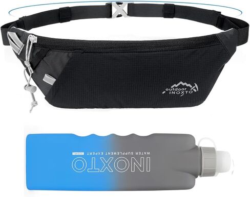 INOXTO Slim Running Belt Fanny Pack for Women and Men Sports Waist Bag Pack with 300ml Water Bottle for Running Walking Cycling Hiking Reflective Running Pouch Belt for All Phones (Black) (Black) in Saudi Arabia