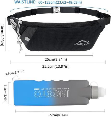 INOXTO Slim Running Belt Fanny Pack for Women and Men Sports Waist Bag Pack with 300ml Water Bottle for Running Walking Cycling Hiking Reflective Running Pouch Belt for All Phones (Black) (Black) in Saudi Arabia