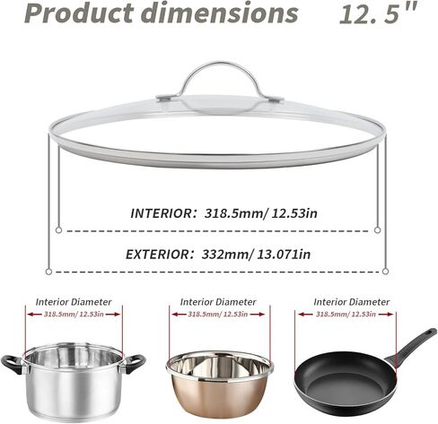 12.5" Tempered Glass Pan Lid with Steam Vent, Thickened to 4mm and Dishwasher Safe and Oven up to 480℉, Universal Lid Fit for Cast Iron Skillets, Frying Saute Pan, Cooking Pot in Kuwait