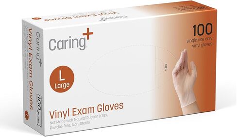 Caring Vinyl Exam Gloves Powder Free and Not Made with Natural Rubber Latex, Gloves for Medical Use, First Aid, Food Prep in Kuwait