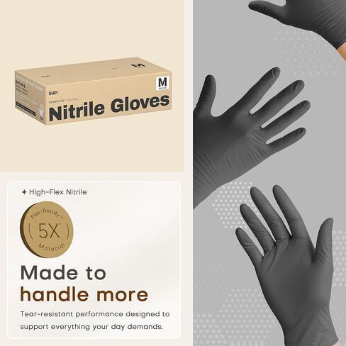 SUP Powder-Free Nitrile Exam Gloves, 100 Count, Food Safe Latex-Free Medical Non-Sterile Cooking Disposable Glove, Black in Saudi Arabia