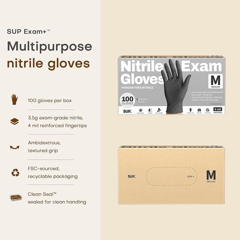 SUP Powder-Free Nitrile Exam Gloves, 100 Count, Food Safe Latex-Free Medical Non-Sterile Cooking Disposable Glove, Black in Saudi Arabia