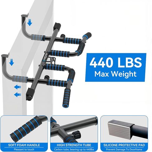 EPHESPORT 2026 شريط سحب متعدد الوظائف للمدخل - تصميم حاصل على براءة اختراع أمريكية، قابل للطي، بدون حفر أو انزلاق، شريط متعدد القبضة مع خطافات شريط مقاومة، سبائك فولاذية تجارية، وسادات PVC كبيرة، سعة 440 رطلاً in Kuwait