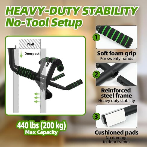 Upgrade Pull Up Bar for Doorway with Ergonomic Grip, Max Load 440 lbs No Screws Pullup Bar for Home Gym Indoor Exercise Strength Training, Authorized Under US Patent in Saudi Arabia