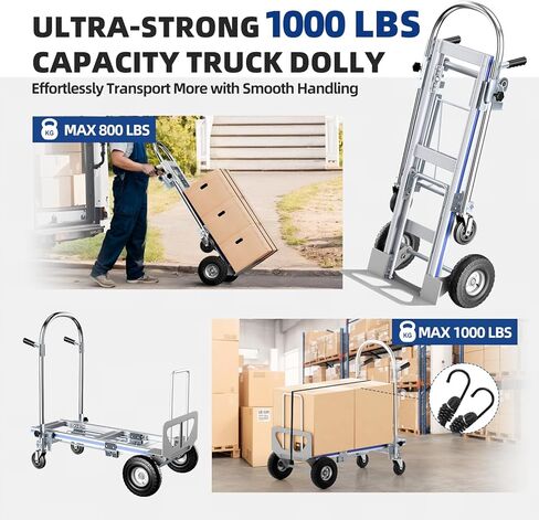 Aluminum Hand Truck, 3 in 1 Convertible Hand Truck Dolly 1000 Lbs Capacity, Pneumatic Wheels - Collapsible Heavy Duty Cart for Efficient Storage, Suit for Moving in Supermarket, Garden, Grass, Yard in Saudi Arabia