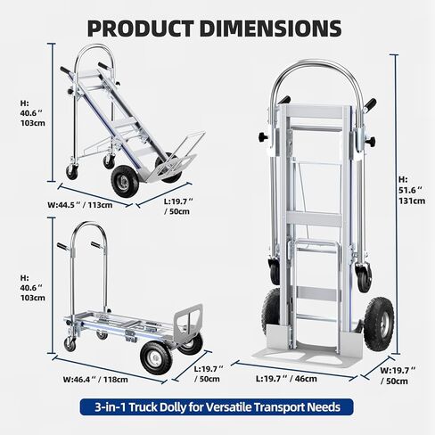 Aluminum Hand Truck, 3 in 1 Convertible Hand Truck Dolly 1000 Lbs Capacity, Pneumatic Wheels - Collapsible Heavy Duty Cart for Efficient Storage, Suit for Moving in Supermarket, Garden, Grass, Yard in Saudi Arabia