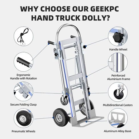 Aluminum Hand Truck, 3 in 1 Convertible Hand Truck Dolly 1000 Lbs Capacity, Pneumatic Wheels - Collapsible Heavy Duty Cart for Efficient Storage, Suit for Moving in Supermarket, Garden, Grass, Yard in Saudi Arabia