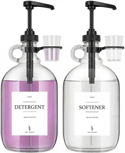 2 Pcs Glass Liquid Laundry Detergent Dispenser with Cup Holders, Half Gallon Dispenser for Laundry Room (64 oz. Each), Laundry Detergent Bottles with Pump Dispenser - (Black Pumps) in Kuwait