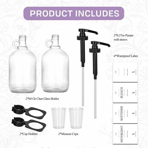 2 Pcs Glass Liquid Laundry Detergent Dispenser with Cup Holders, Half Gallon Dispenser for Laundry Room (64 oz. Each), Laundry Detergent Bottles with Pump Dispenser - (Black Pumps) in Kuwait