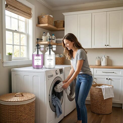 2 Pcs Glass Liquid Laundry Detergent Dispenser with Cup Holders, Half Gallon Dispenser for Laundry Room (64 oz. Each), Laundry Detergent Bottles with Pump Dispenser - (Black Pumps) in Kuwait