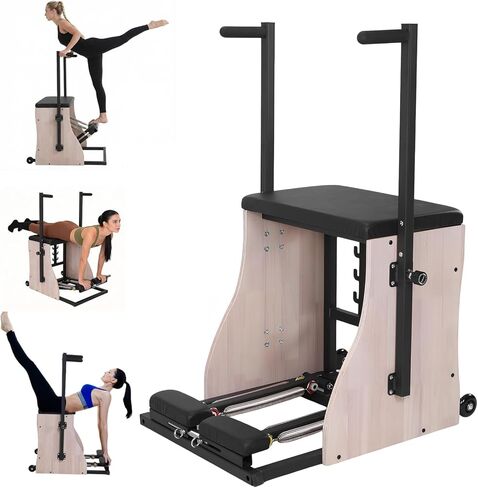 جهاز إصلاح كرسي البيلاتس من خشب البلوط، جهاز إصلاح اللياقة البدنية مع أشرطة مقاومة ونوابض مقابض دواسة مقسمة لمعدات التمرين، صالة الألعاب الرياضية المنزلية أو الاستوديو in Kuwait