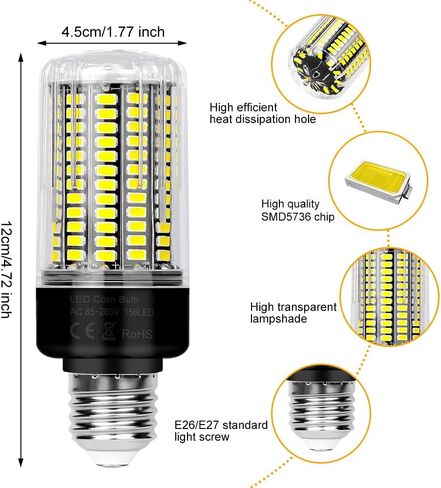LED Corn Light Bulb,3520 Lumen,6000K Daylight,E26/E27 Base Bulbs,85-265V Non-Dimmable Super Bright for Indoor Home Garage 156Leds Corn Lighting in Saudi Arabia