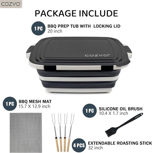 6-in-1 Collapsible BBQ Prep Tub & Marinade Container with Locking Lid | 20" Multifunction Camping Sink, Portable Cutting Board, and Food Storage Bin for Grilling, Picnics, Tailgating - Black in Saudi Arabia