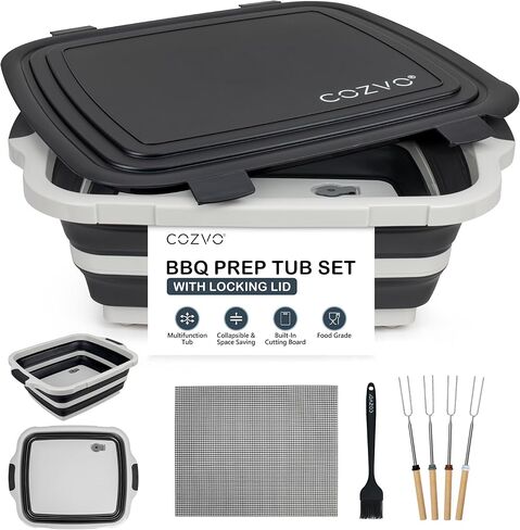 6-in-1 Collapsible BBQ Prep Tub & Marinade Container with Locking Lid | 20" Multifunction Camping Sink, Portable Cutting Board, and Food Storage Bin for Grilling, Picnics, Tailgating - Black in Saudi Arabia