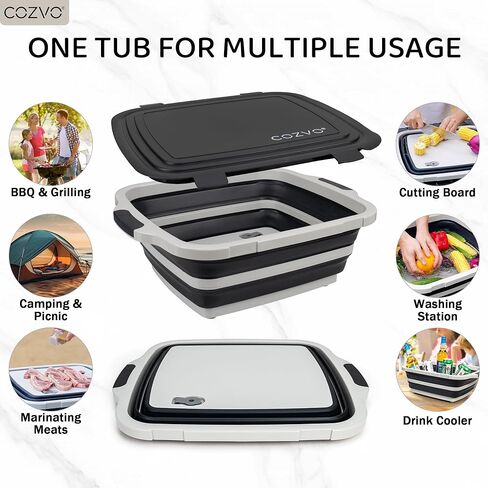 6-in-1 Collapsible BBQ Prep Tub & Marinade Container with Locking Lid | 20" Multifunction Camping Sink, Portable Cutting Board, and Food Storage Bin for Grilling, Picnics, Tailgating - Black in Saudi Arabia