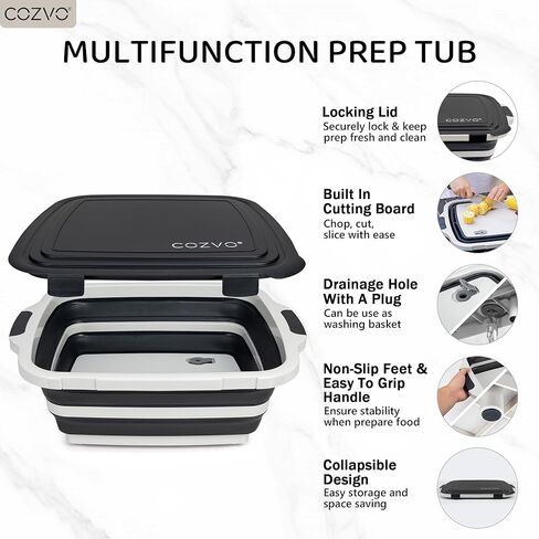 6-in-1 Collapsible BBQ Prep Tub & Marinade Container with Locking Lid | 20" Multifunction Camping Sink, Portable Cutting Board, and Food Storage Bin for Grilling, Picnics, Tailgating - Black in Saudi Arabia