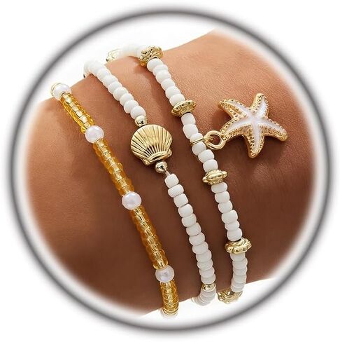 Beach Jewelry Accessories for Women,Trendy Gold Seashell Starfish Bracelet Set Charm Pearl Beaded Layered Bracelets,Boho Stackable Stretch Bracelets in Kuwait