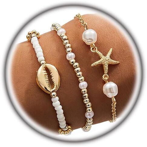 Beach Jewelry Accessories for Women,Trendy Gold Seashell Starfish Bracelet Set Charm Pearl Beaded Layered Bracelets,Boho Stackable Stretch Bracelets in Kuwait