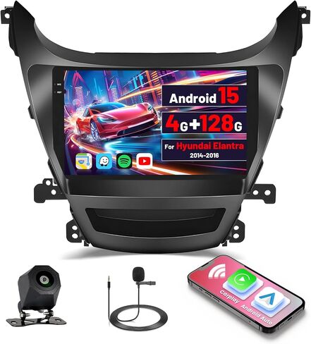 8 Core 4+64G for Hyundai Elantra 2014-2016 Android Car Radio Stereo with Wireless Carplay Android Auto, 9 Inch HD Touchscreen with GPS WiFi BT5.0 32EQ/DSP FM/RDS 59UI SWC Backup Camera MIC in Kuwait