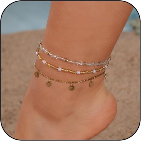 FANCY SHINY Beaded Ankle Bracelets Gold Stainless Steel Anklets Adjustable Boho Anklet Set for Women in Saudi Arabia